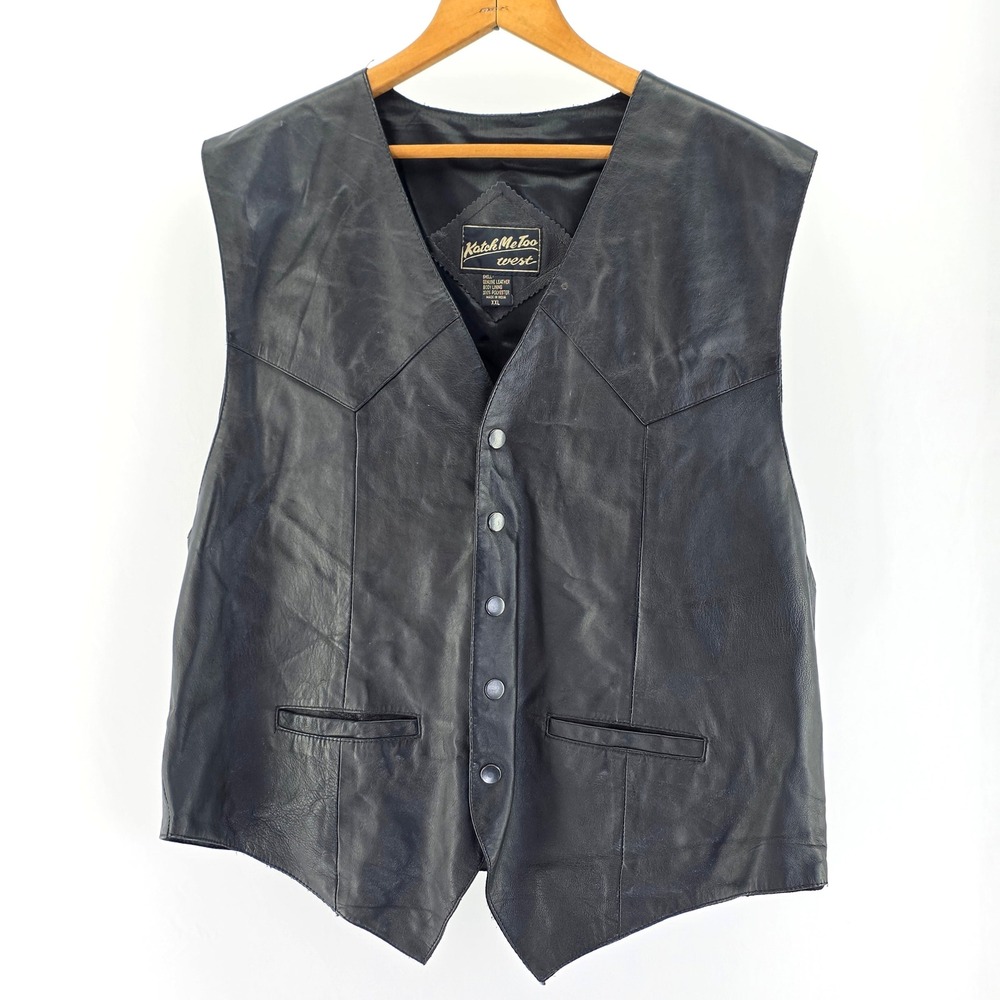 Katch Me Too West Leather Vest Mens XXL Black Western Biker Snap Front Cowboy